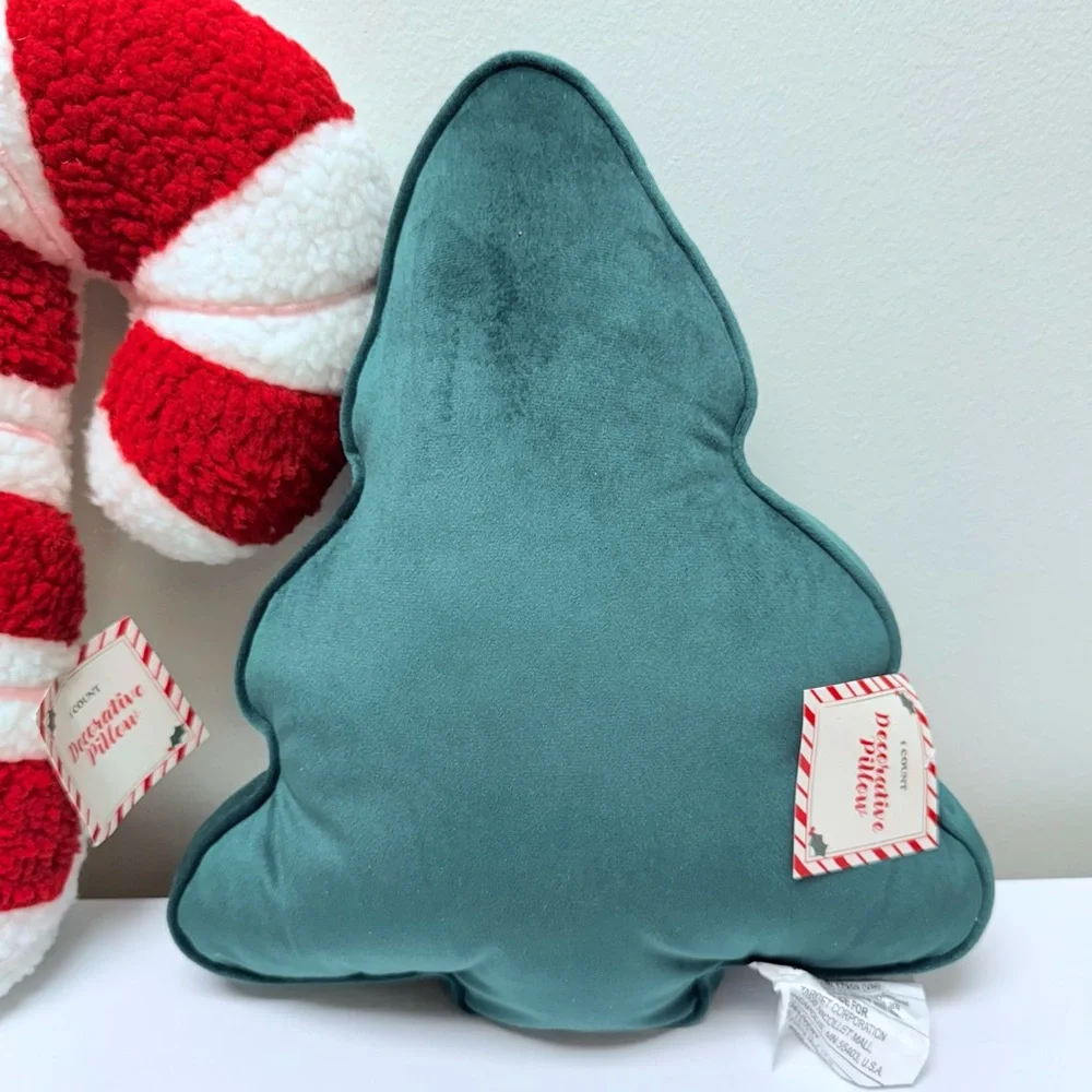 New! Set of 2 Holiday Plush Throw Pillows- Red & White Candy Cane & Green Tree